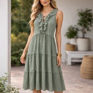 Cupio Sz XL Olive Green Ruffle Lace Up Tiered Midi Dress Boho Cottagecore